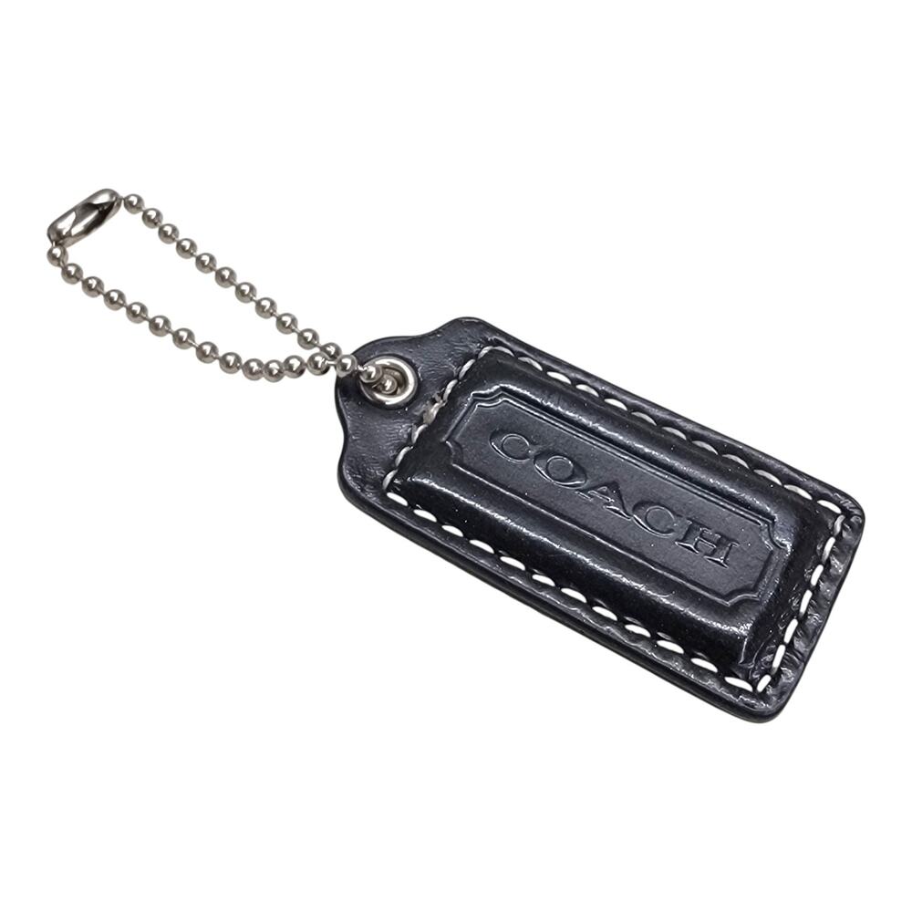 Coach Black Leather Hangtag Bag Charm Replacement White Stitch Silver Chain